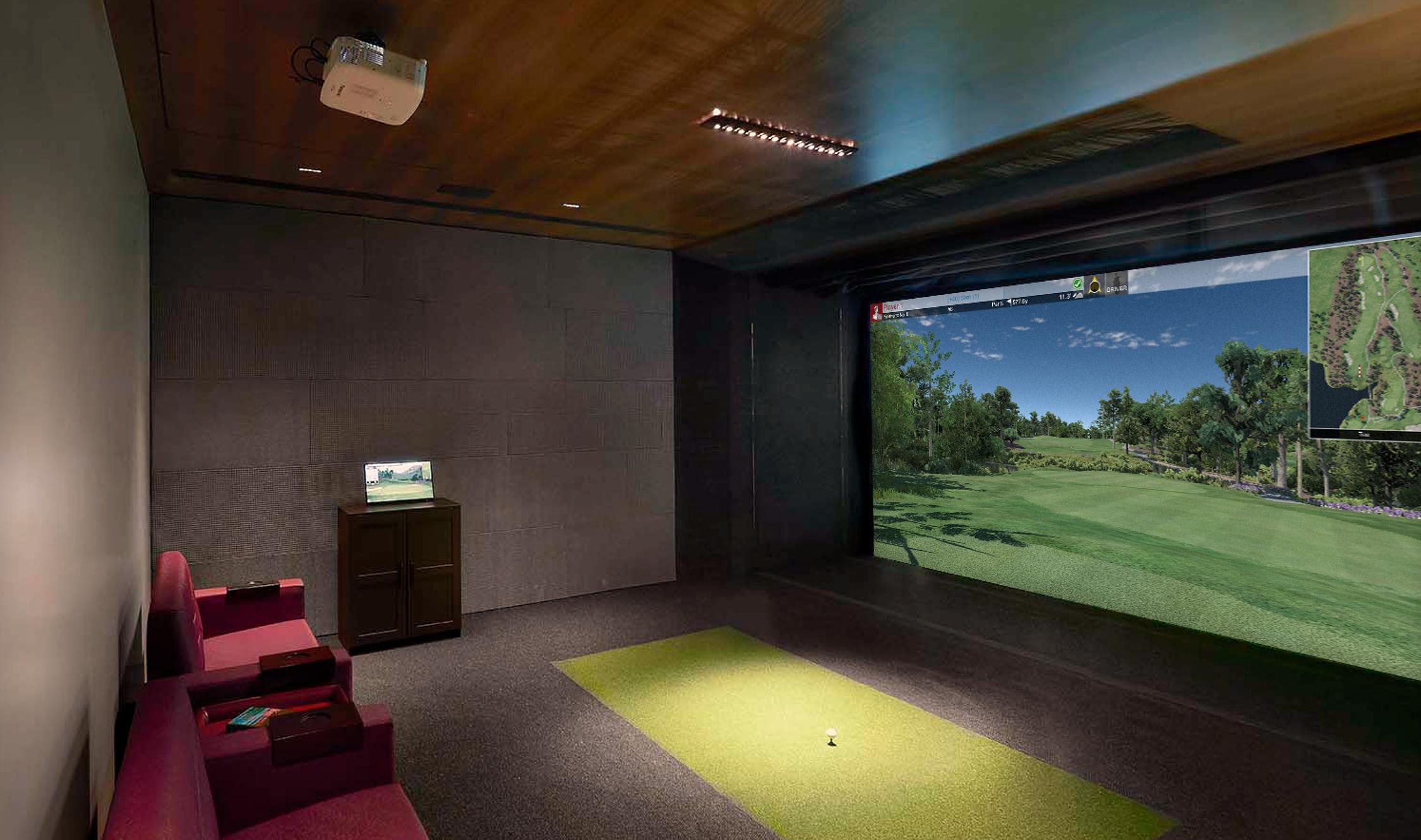 Indoor golf simulator setup with a large screen, golf clubs, and a putting green area.